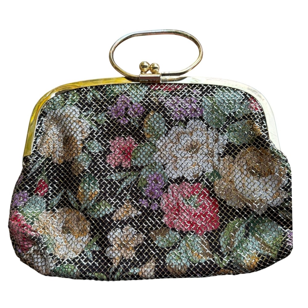 Vintage Floral Metal Mesh Evening Bag Gold Tone Kiss Lock Ring‎ Handle Clutch